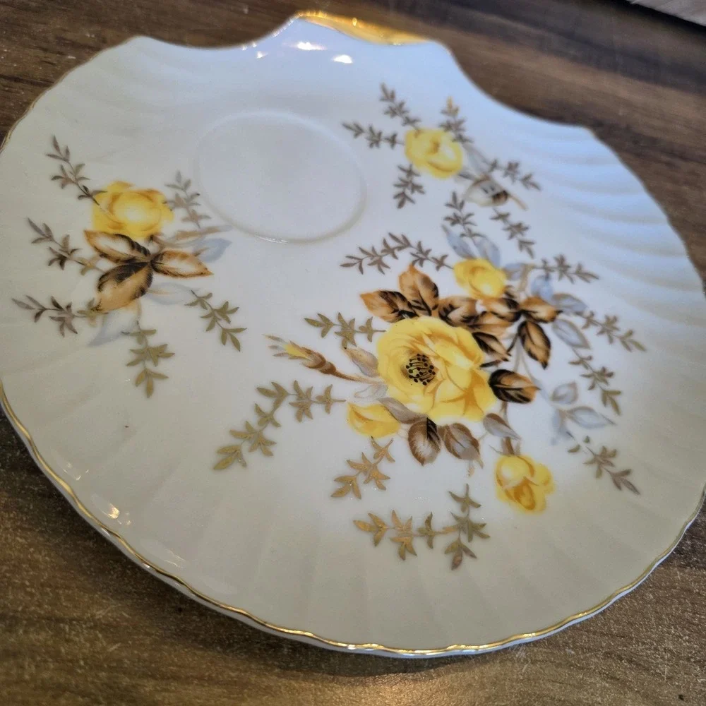 Vintage Porcelain Snack Shell Shaped Plate Yellow Floral Gold Trim Made in Japan